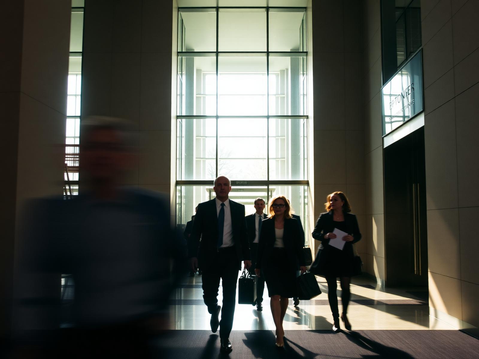 Professionals moving through a corporate lobby